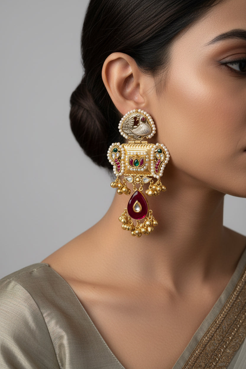 Mor Shahi — Gold Peacock Kundan Pearl Drop Earrings