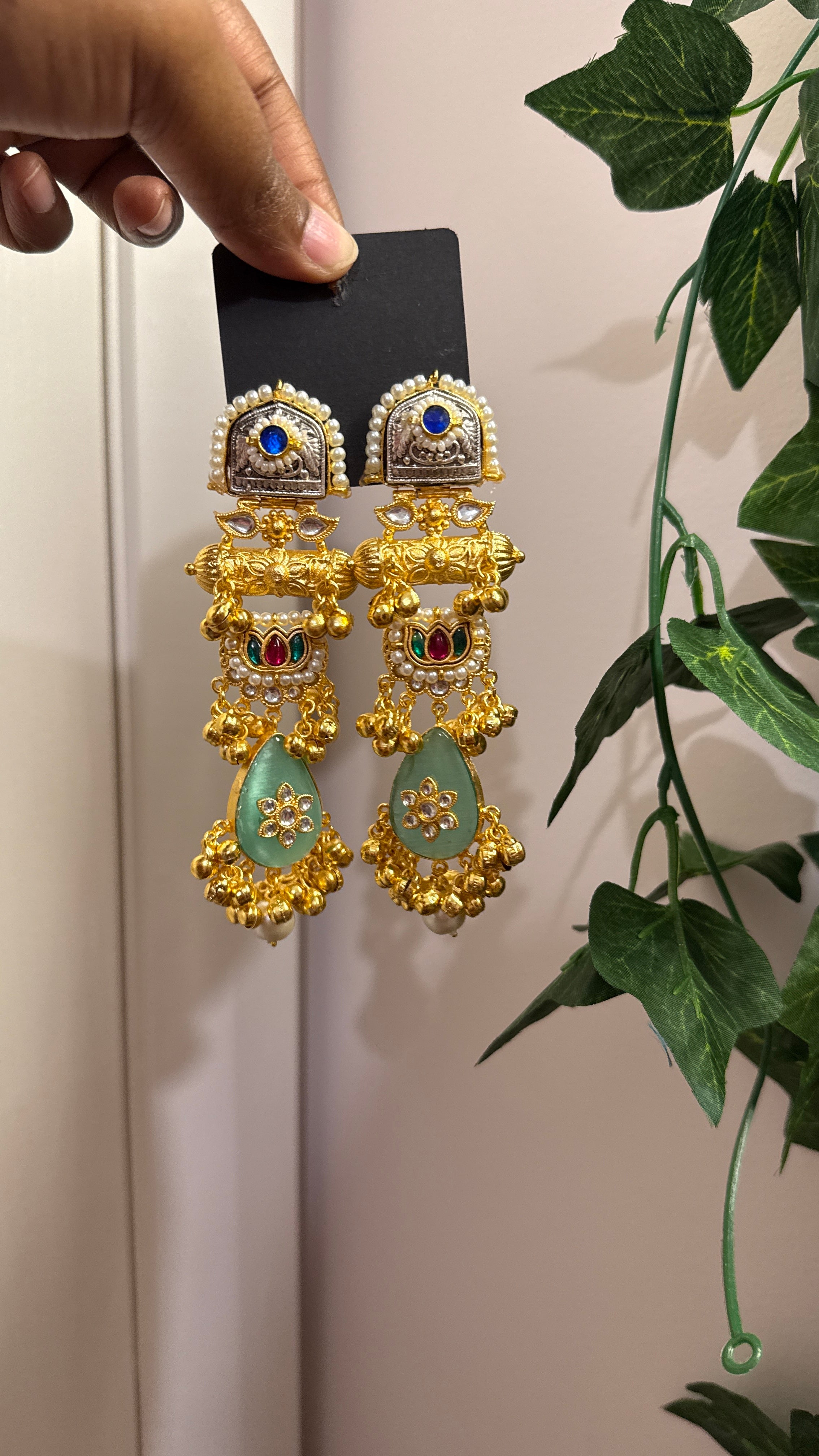 Rajwada Noor — Gold Teal Kundan Multi-Stone Drop Earrings