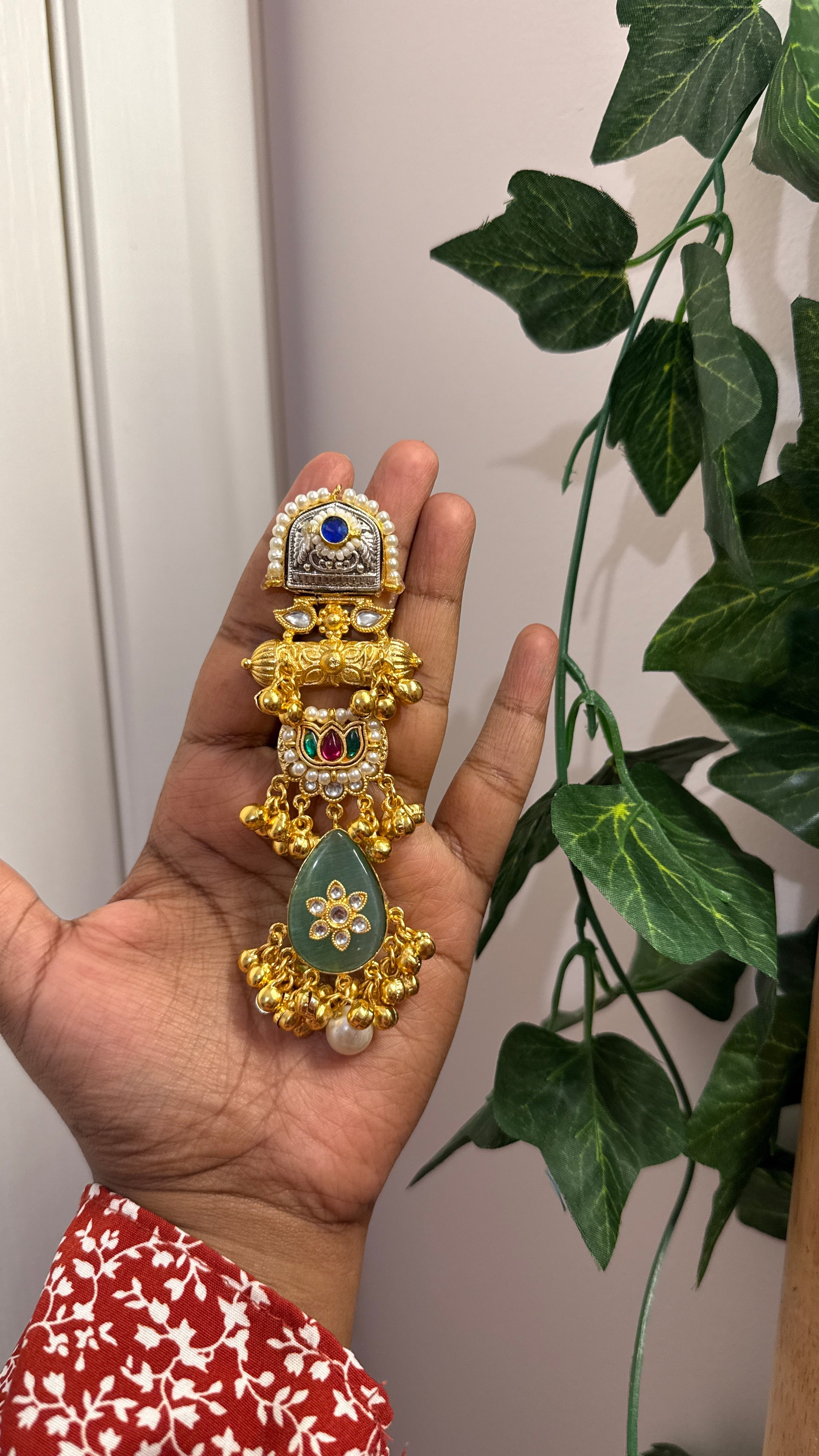 Rajwada Noor — Gold Teal Kundan Multi-Stone Drop Earrings