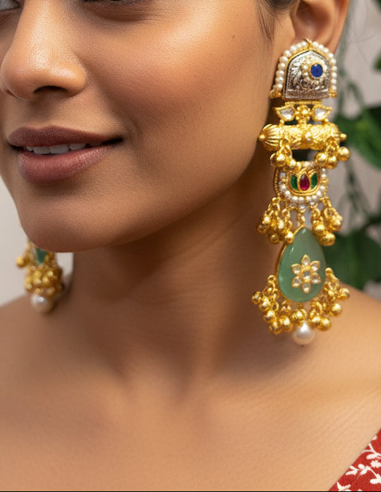 Rajwada Noor — Gold Teal Kundan Multi-Stone Drop Earrings