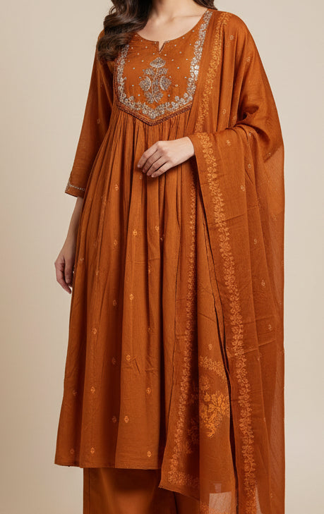 Raunaq — Embroidered Midi Anarkali Cotton Suit Set