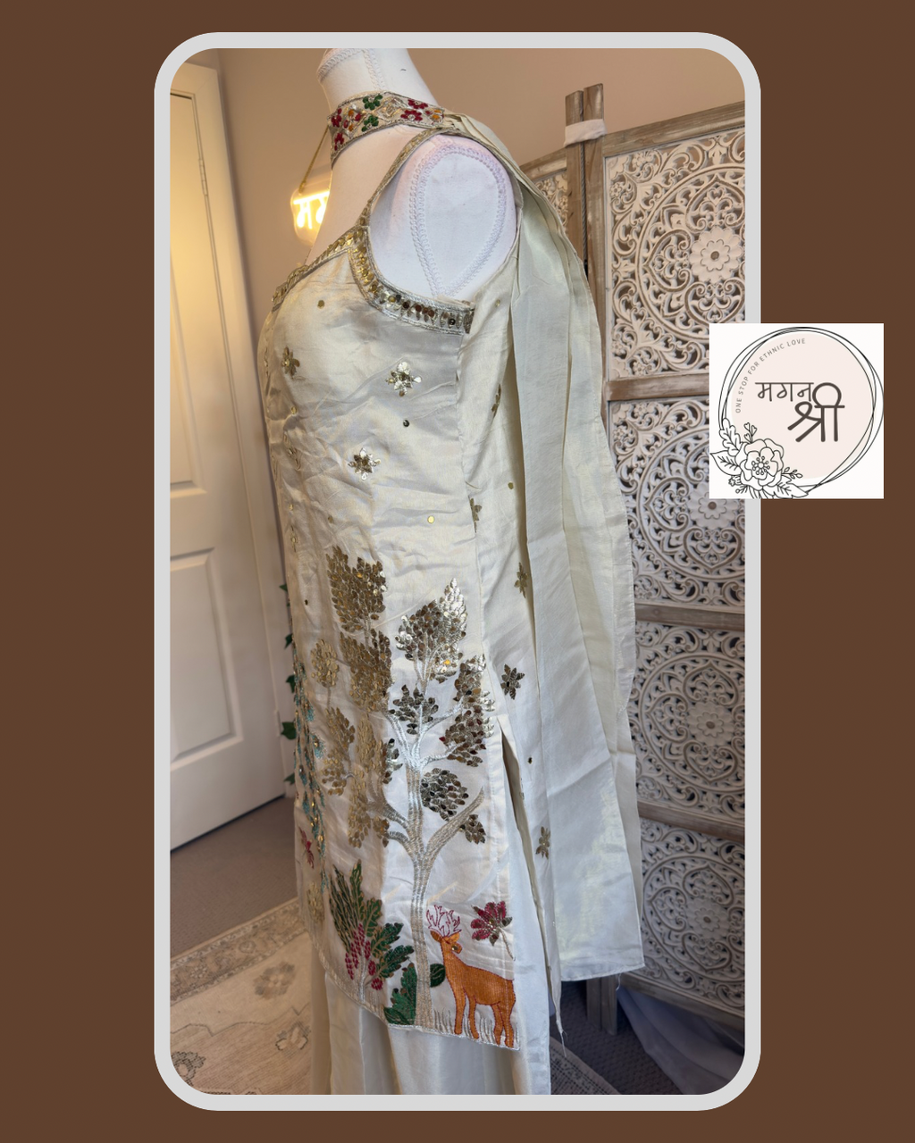 Peacock Embroidered Shimmer Ivory Kurta Set