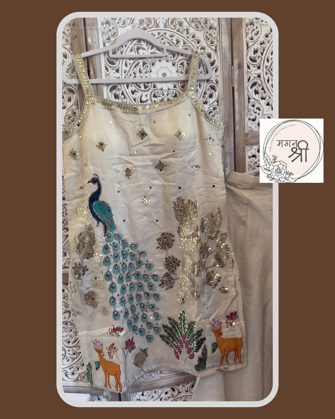 Peacock Embroidered Shimmer Ivory Kurta Set