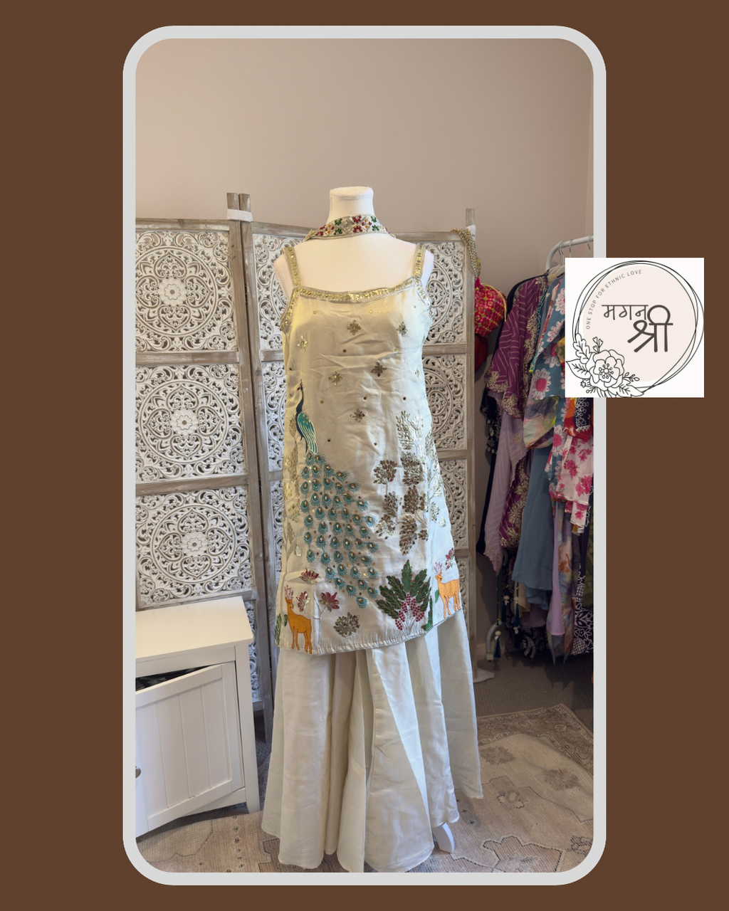 Peacock Embroidered Shimmer Ivory Kurta Set