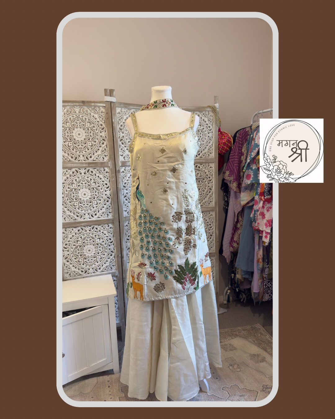 Peacock Embroidered Shimmer Ivory Kurta Set