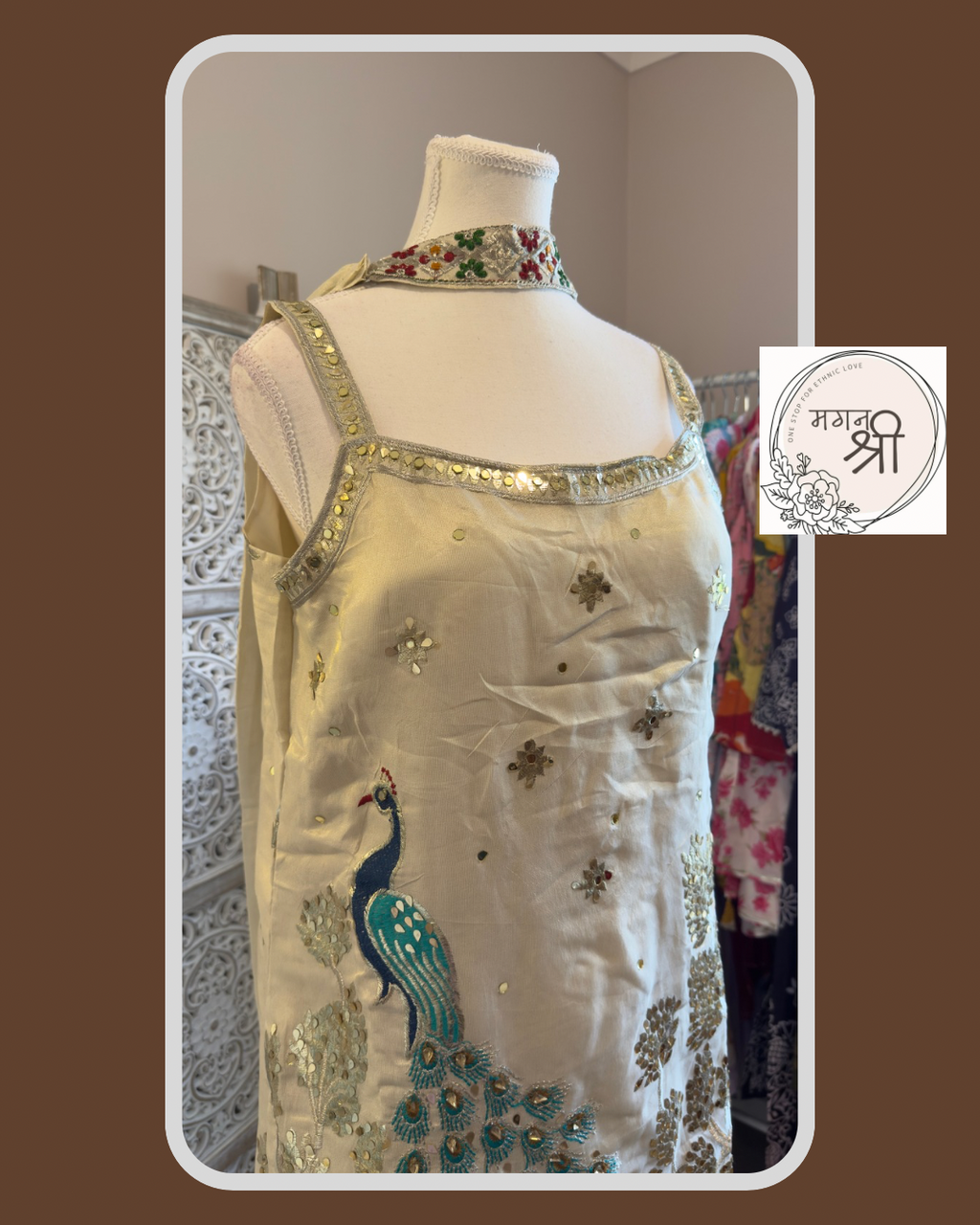 Peacock Embroidered Shimmer Ivory Kurta Set