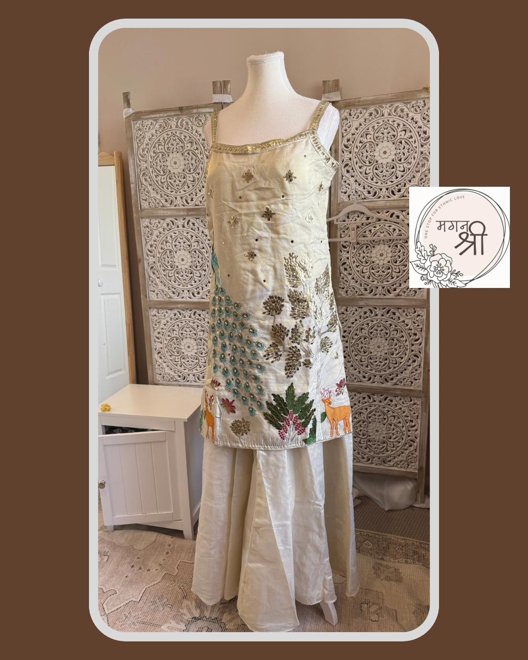 Peacock Embroidered Shimmer Ivory Kurta Set