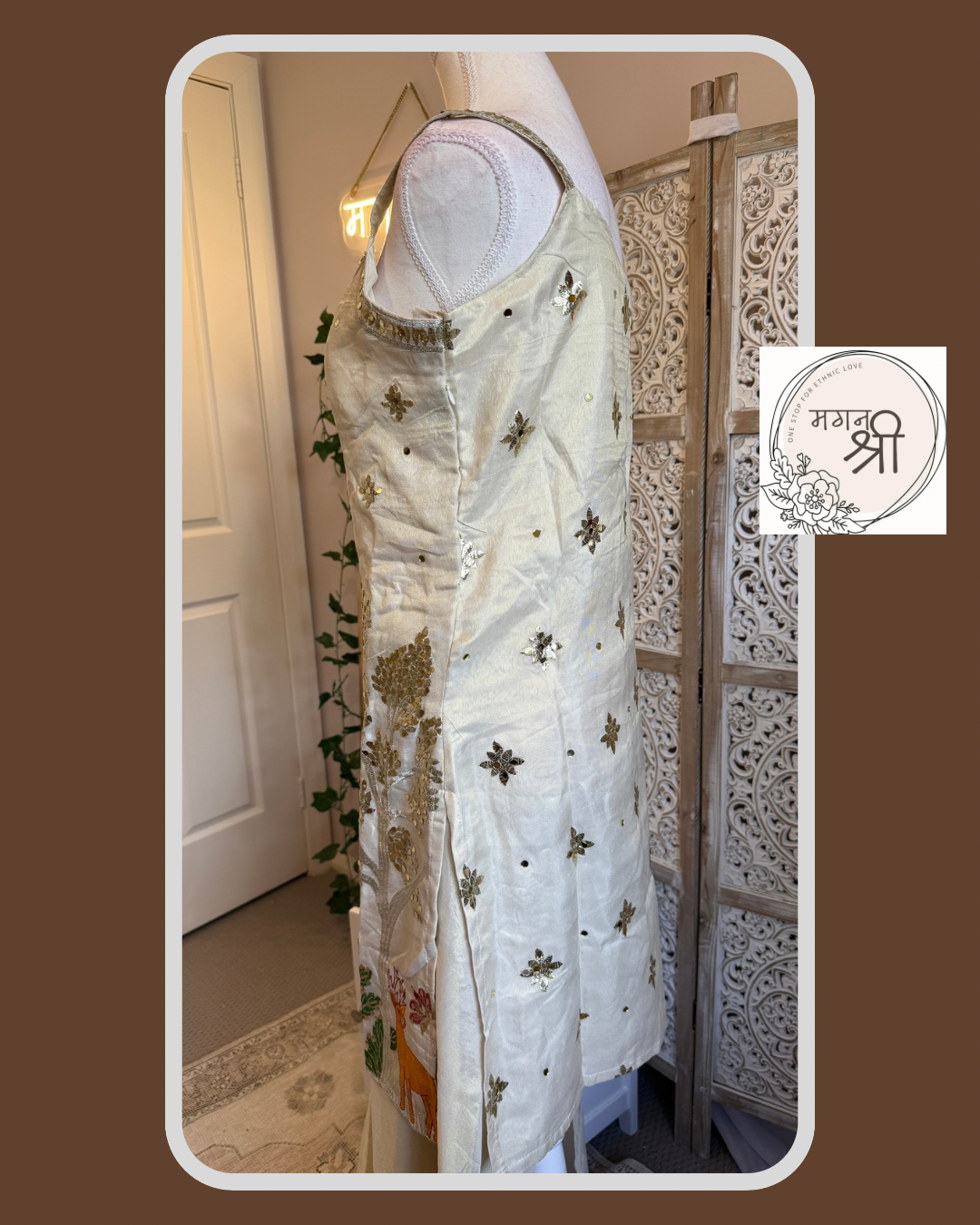 Peacock Embroidered Shimmer Ivory Kurta Set