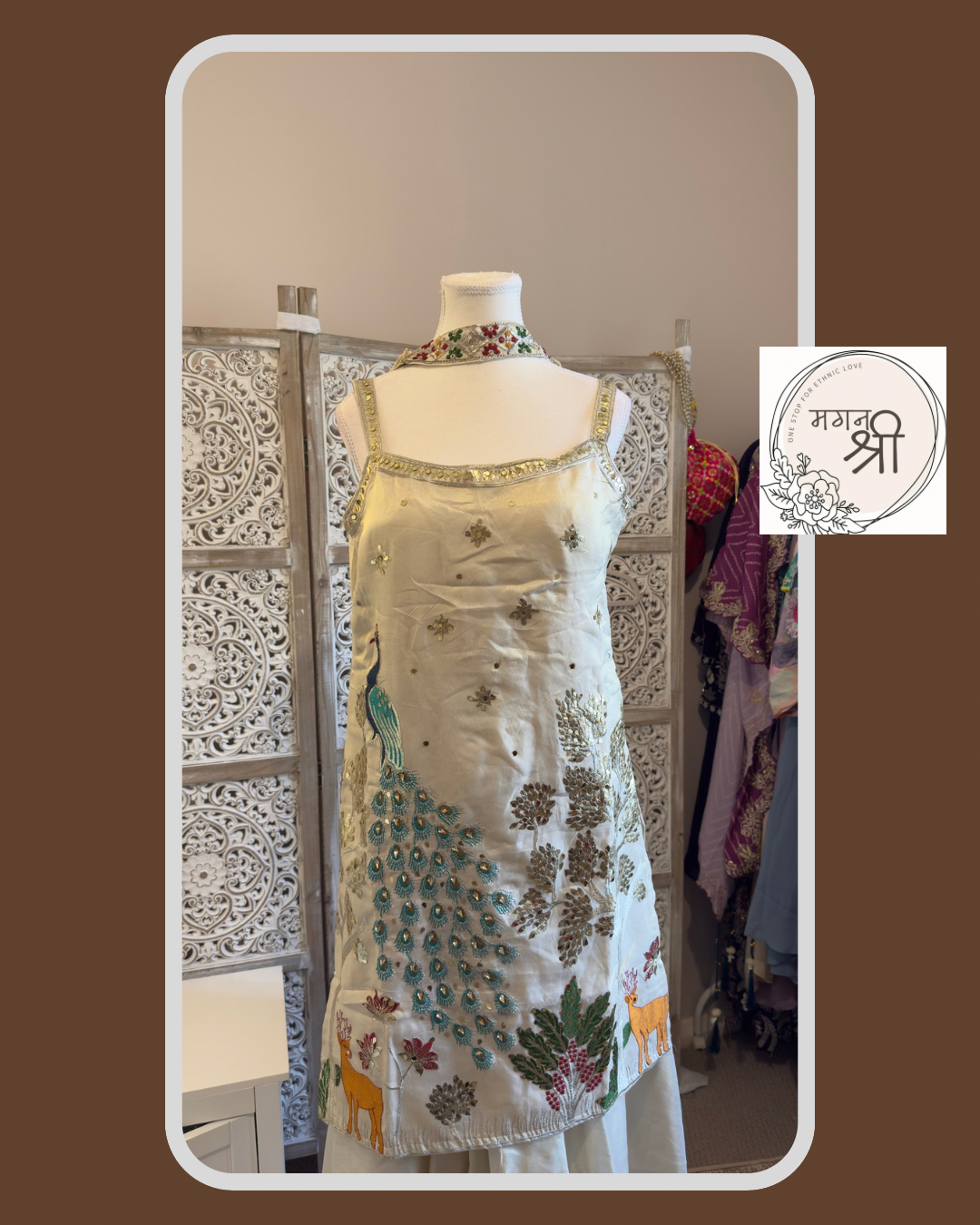 Peacock Embroidered Shimmer Ivory Kurta Set