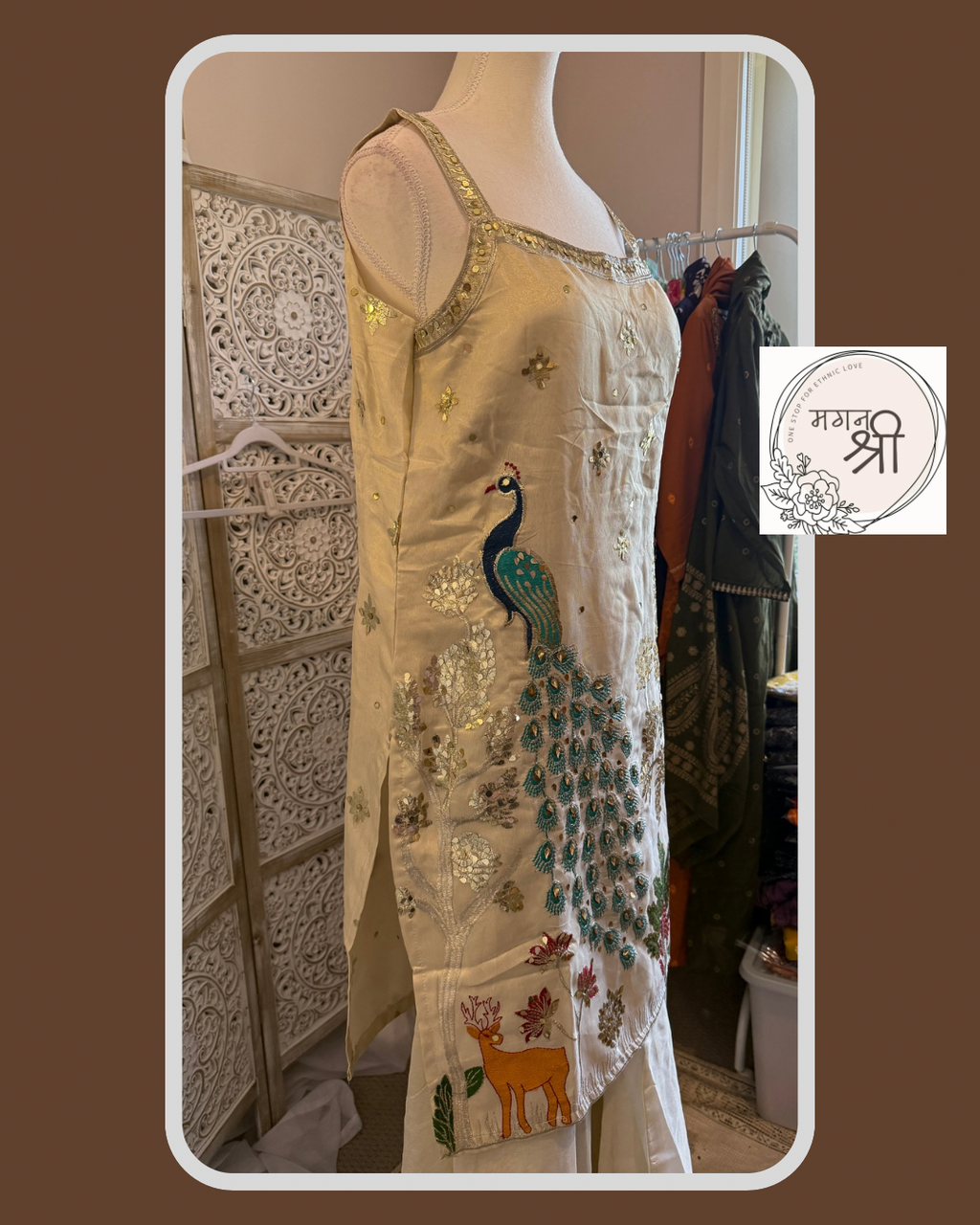 Peacock Embroidered Shimmer Ivory Kurta Set