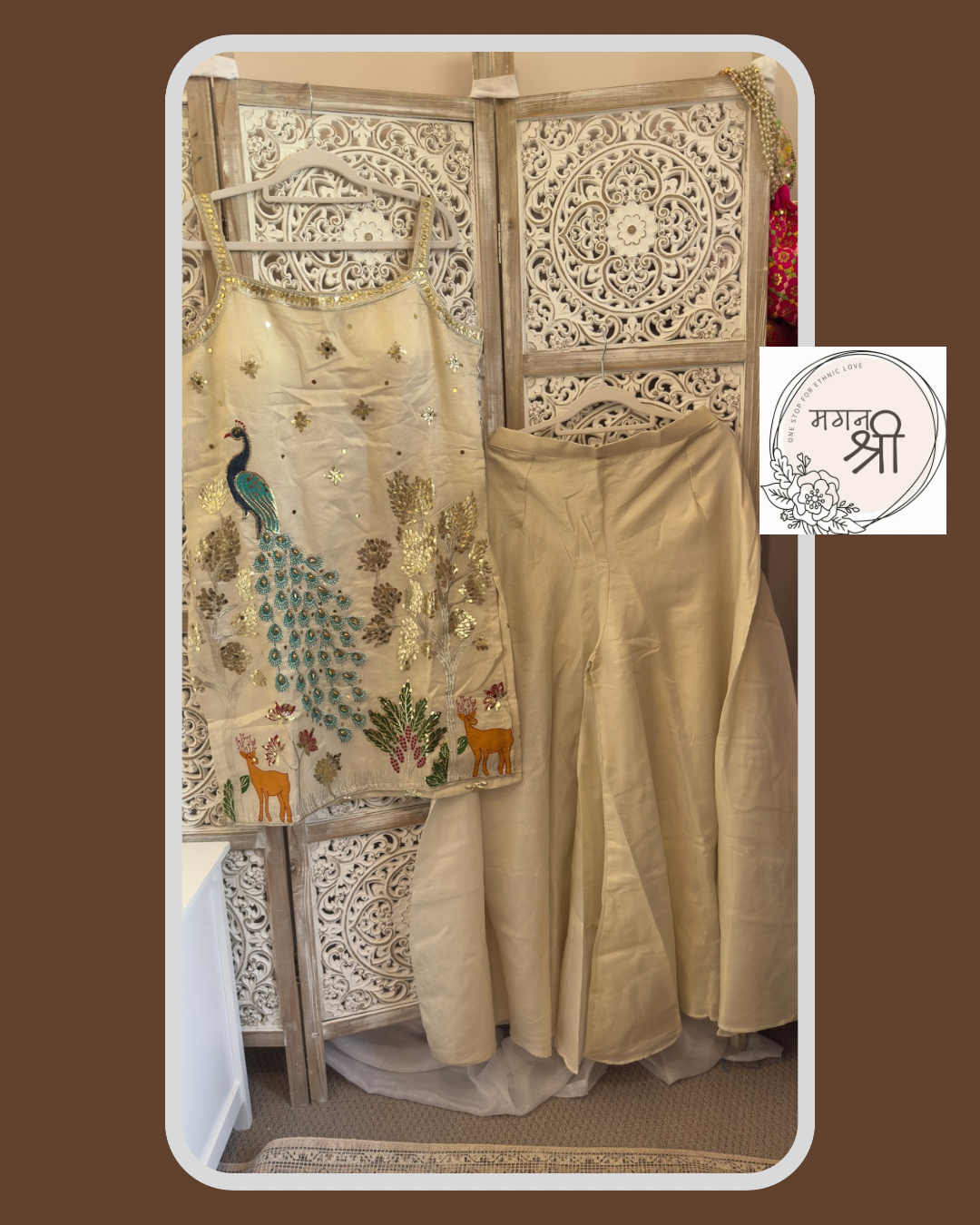 Peacock Embroidered Shimmer Ivory Kurta Set